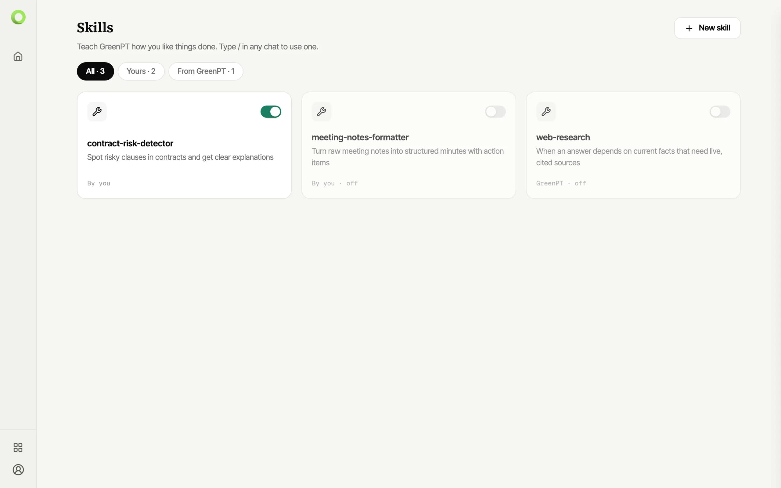 The skills library, filtered to all skills, with per-skill enable switches