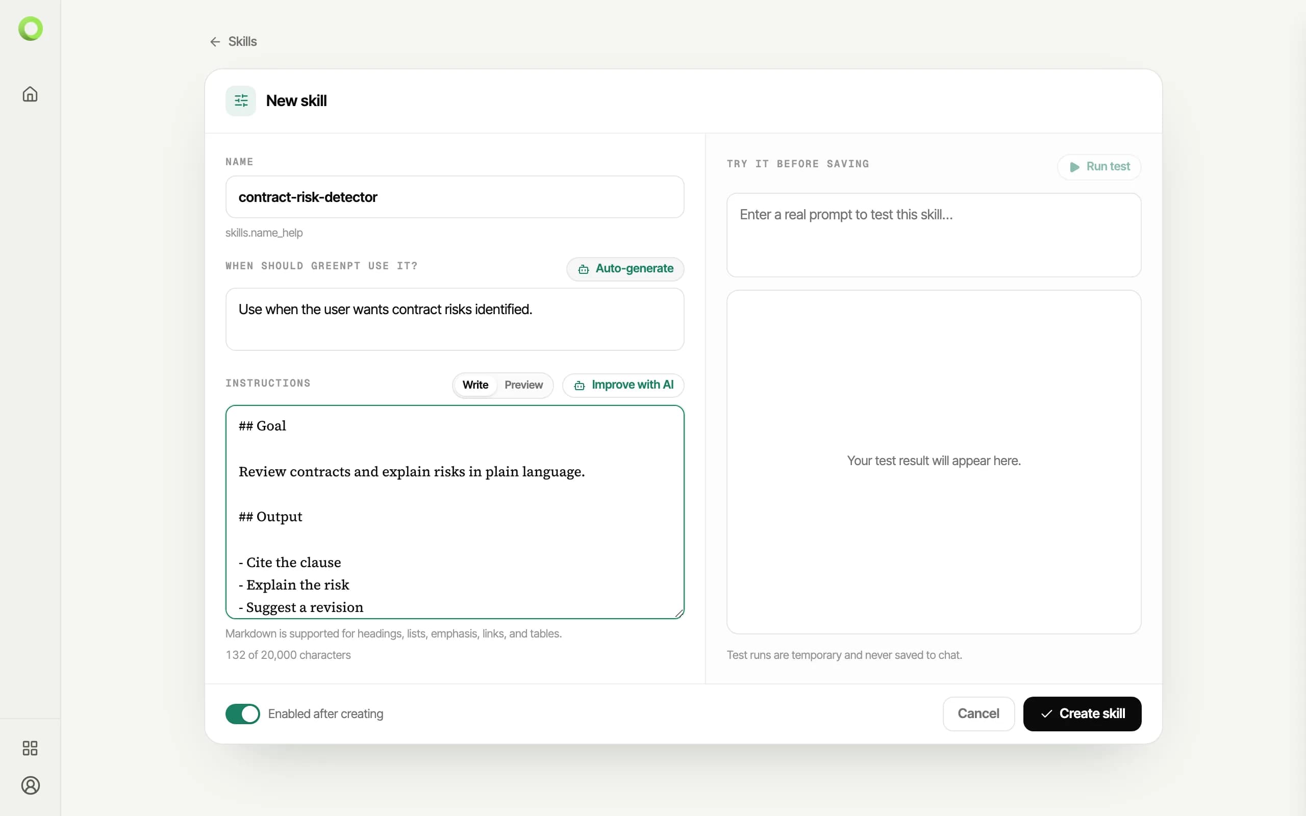 The two-pane skill editor with a name, a generated description, and instructions