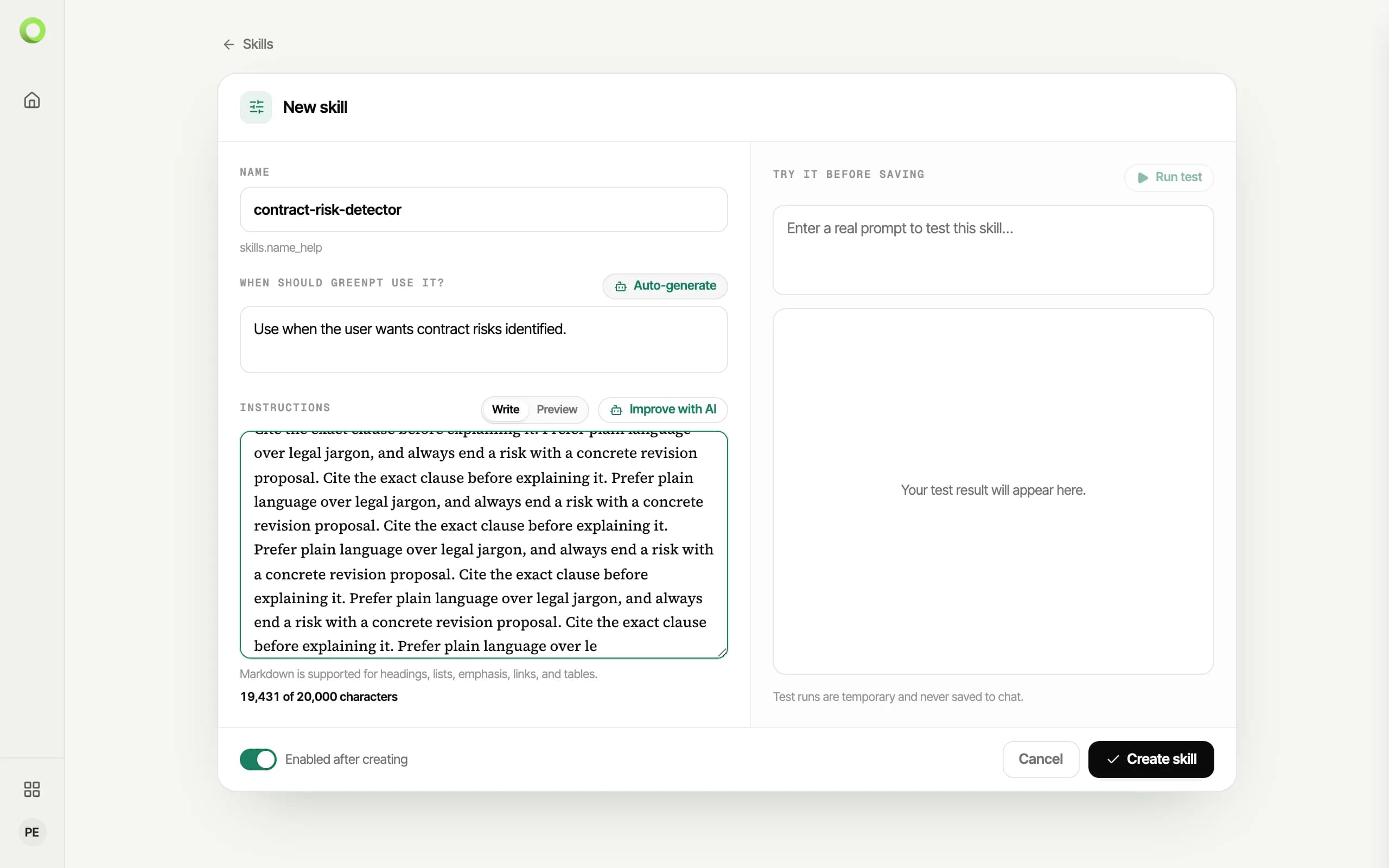 The instructions counter reading 19,431 of 20,000 characters